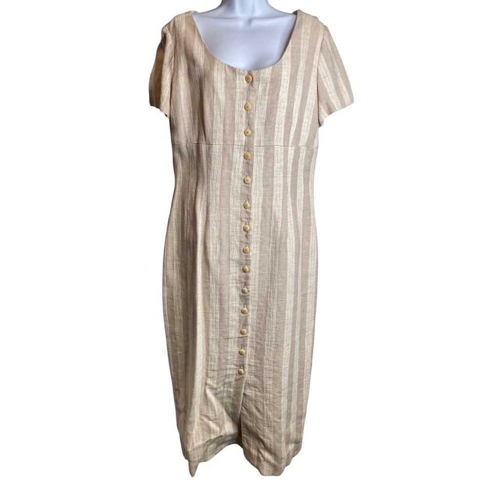 Vintage‎ BORA Womens Midi Dress Sz 12 Beige Striped Button Front Coastal Neutral